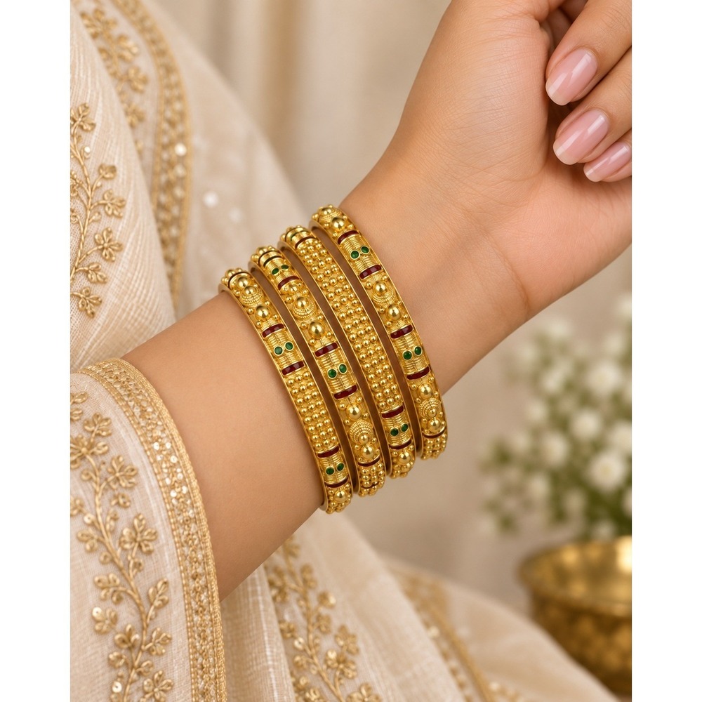 Indian Style Gold Tone Bangle Bracelet Set Red Green Enamel Boho Bridal Jewelry